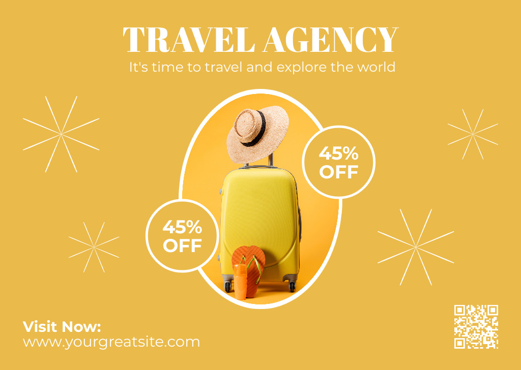 Travel Discount Offer on Yellow Simple Ad Card Modelo de Design