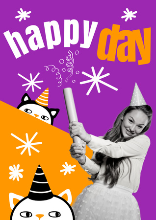 Ontwerpsjabloon van Poster van Gelukkige verjaardagswensen met vrolijk feestvarken op paars