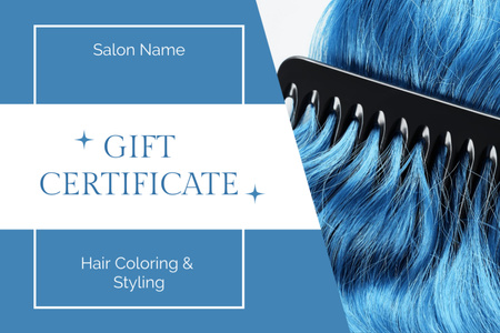 Beauty Salon Services with Comb in Bright Blue Hair Gift Certificate Design Template
