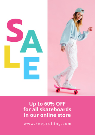 Designvorlage Rabattangebot mit junger Frau auf hellem Skateboard für Poster