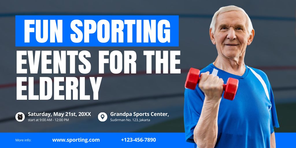 Fun Sporting Events For Seniors With Dumbbells Twitter Design Template