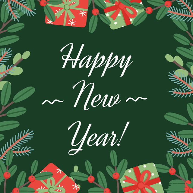 Happy New Year Greetings with Christmas Tree Branches and Gift Boxes Instagram Design Template
