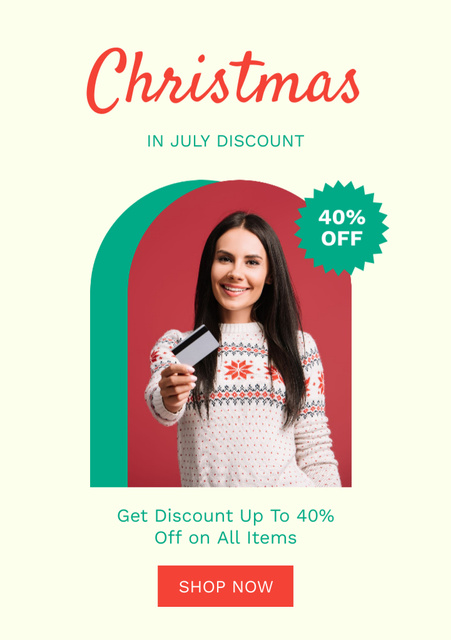 July Christmas Discount Announcement with Beautiful Woman Flyer A5 Modelo de Design
