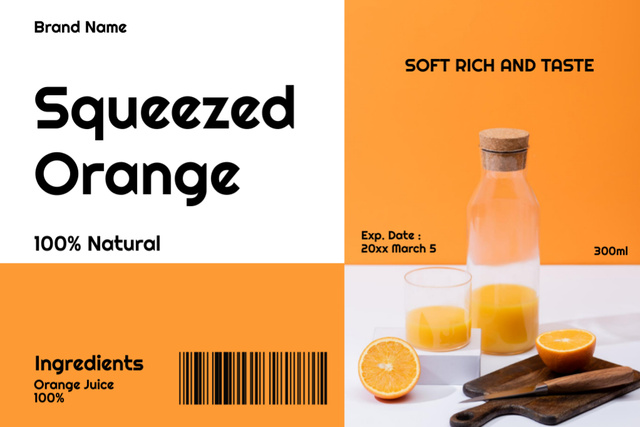 Squeezed Ripe Orange Juice In Bottle Offer Label Design Template