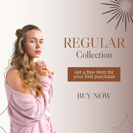 Designvorlage Modekollektionsanzeige mit Frau in süßem rosa Pullover für Instagram