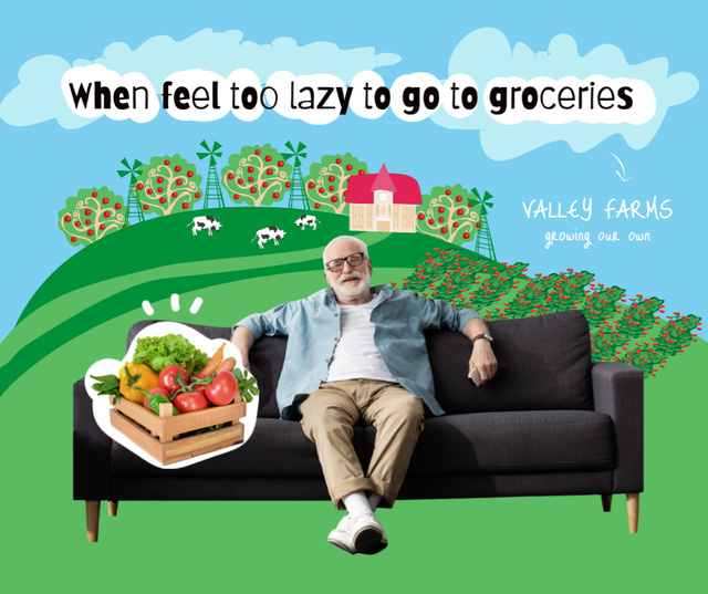 Farm Food Ad with Old Man sitting on Sofa Facebook Design Template