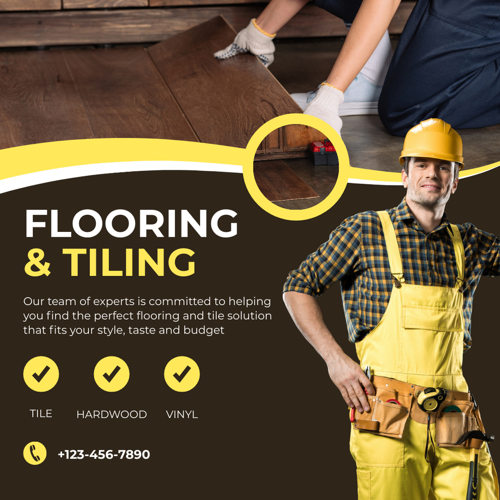 Flooring & Tiling Ad with Worker in Uniform Instagramデザインテンプレート
