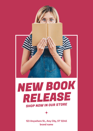 Ontwerpsjabloon van Poster van Bookstore Special Offer with Woman holding Book