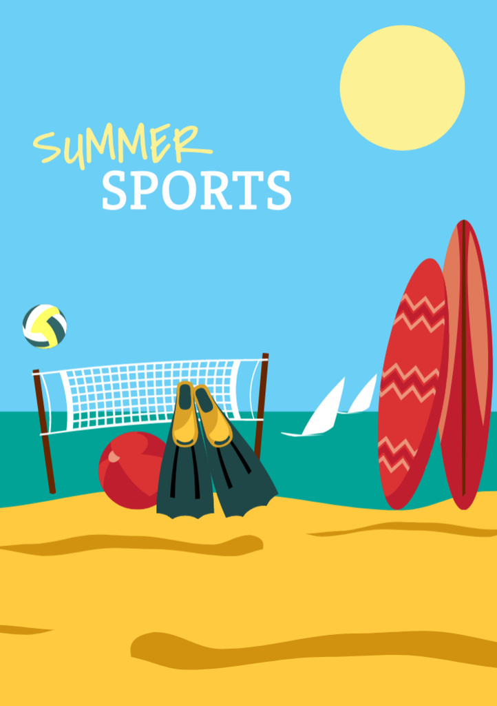 Summer Sports with Beach Illustration Postcard A5 Vertical Tasarım Şablonu