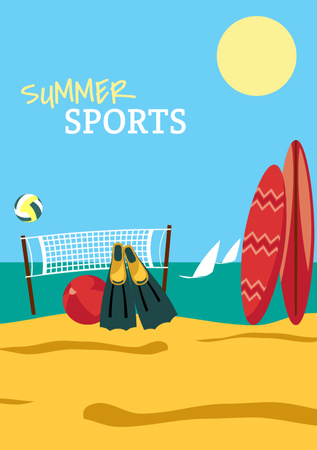 Summer sports with Beach illustration Postcard A5 Vertical Design Template