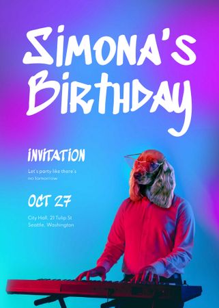 Birthday Party Announcement with Dog playing on Synthesizer Invitation Design Template