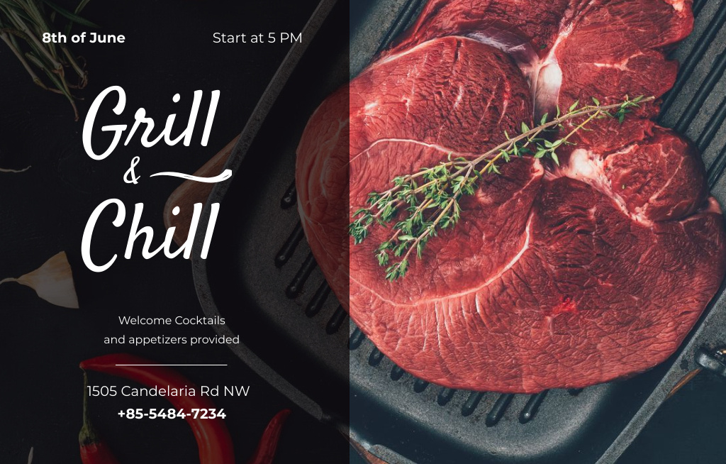 Raw Meat Steak With Rosemary Twig On Grill Party Invitation 4.6x7.2in Horizontal Design Template