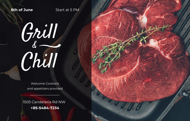 Raw Meat Steak With Rosemary Twig On Grill Party Invitation 4.6x7.2in Horizontal Πρότυπο σχεδίασης