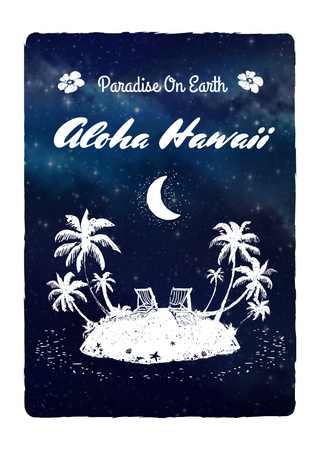 Hawaii Island Illustration Under Night Sky Postcard A6 Verticalデザインテンプレート