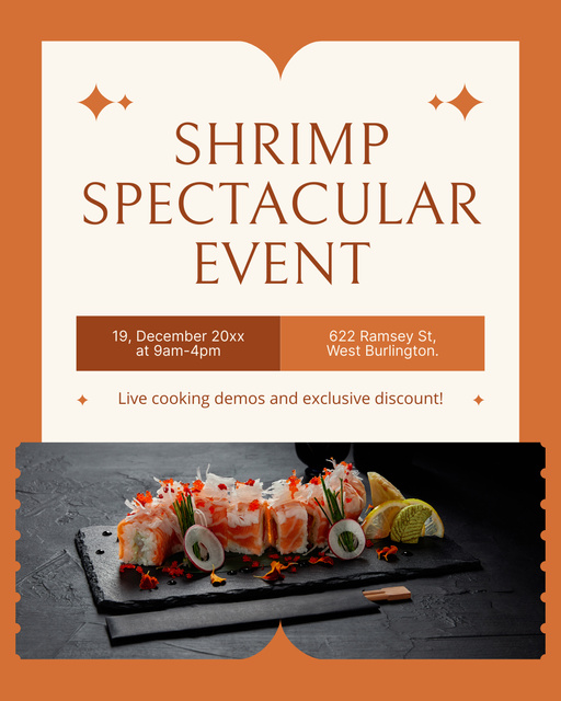 Designvorlage Event Ad with Delicious Shrimps für Instagram Post Vertical