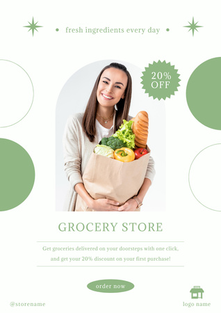Plantilla de diseño de Promoción de tienda de comestibles con mujer sonriente Poster 