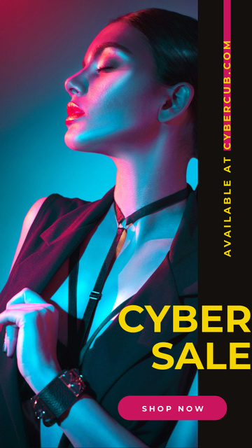 Ontwerpsjabloon van Instagram Story van Cyber Monday Sale with Woman in Neon Light