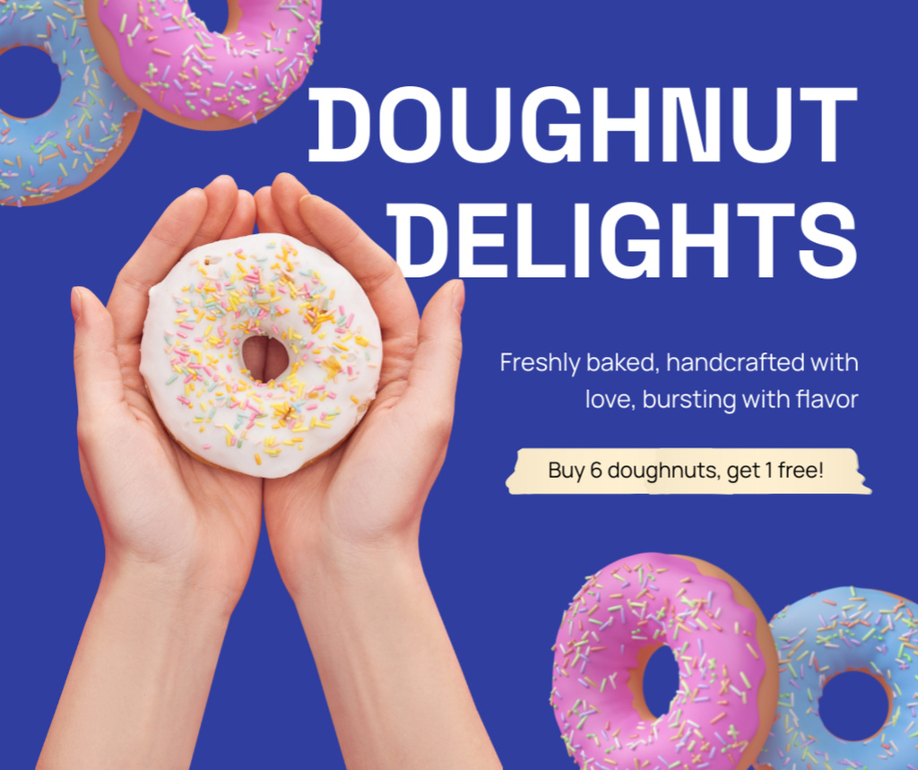Doughnut Delights Ad with Cute Donut in Hands Facebook Design Template