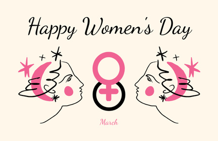 Women's Day Greeting with Illustration of Female Faces Thank You Card 5.5x8.5in Design Template