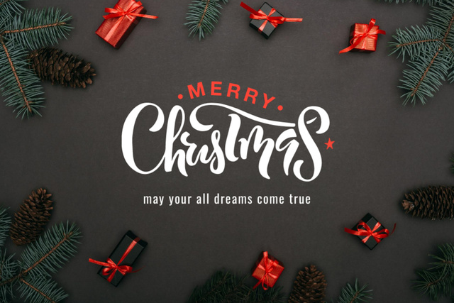 Gleeful Christmas Holiday Congrats With Gifts In Black Postcard 4x6in Šablona návrhu