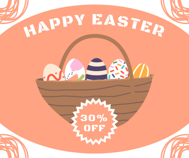Easter Discount Offer with Colored Eggs in Basket Facebook Design Template