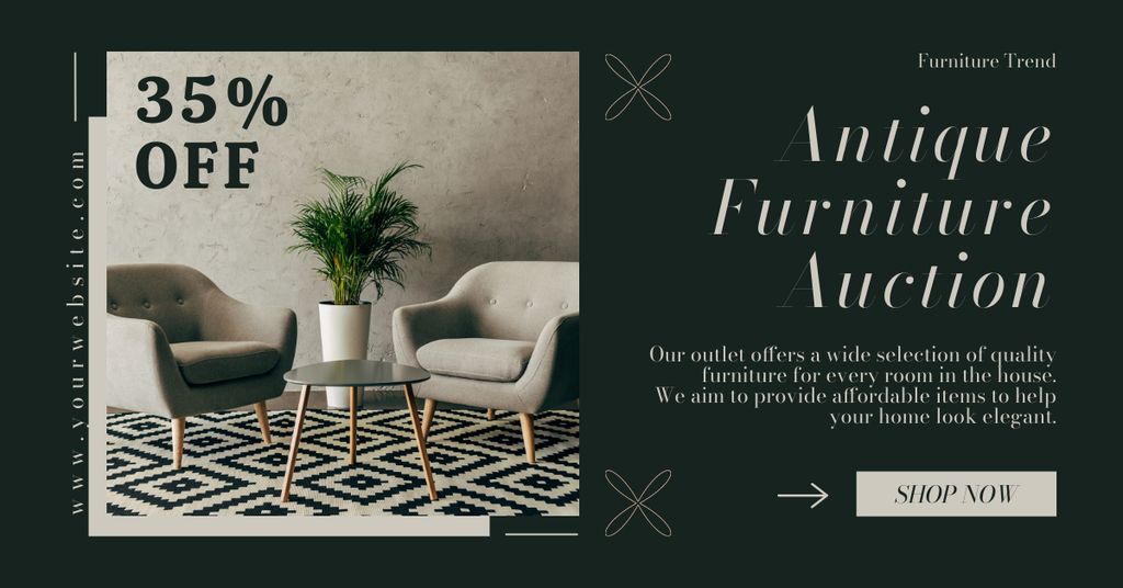 Ontwerpsjabloon van Facebook AD van Antique Furniture Auction Announcement With Discounts
