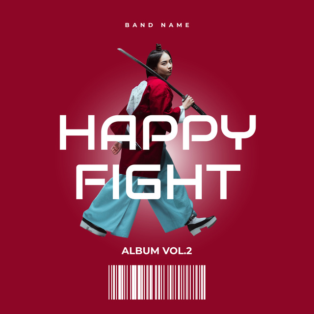 Woman holding wand with white titles and code on red background Album Cover Modelo de Design