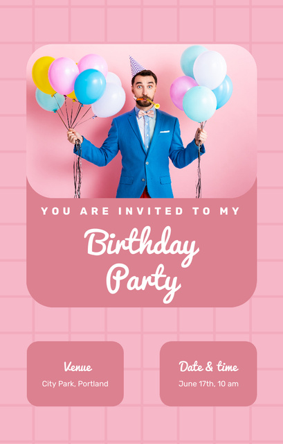 Template di design Birthday boy in a Blue Jacket with Balloons Invitation 4.6x7.2in