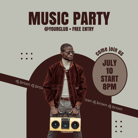 Music Party Announcement with Man holding Boombox Instagram Design Template