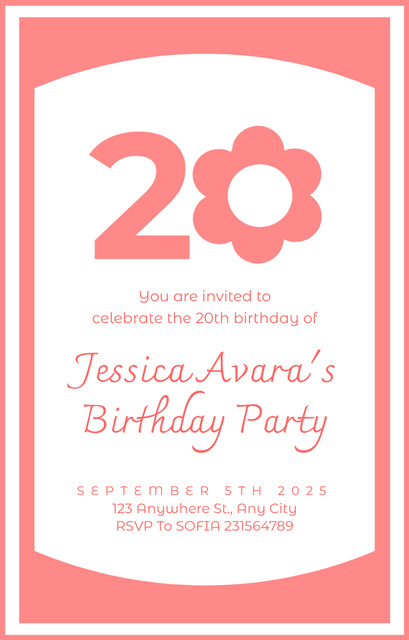 20th Birthday Party Announcement Invitation 4.6x7.2inデザインテンプレート
