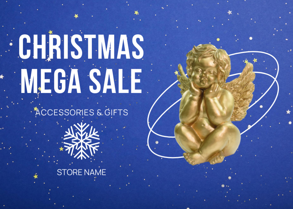 Christmas Sale Announcement with Cute Golden Angel Flyer 5x7in Horizontal Modelo de Design