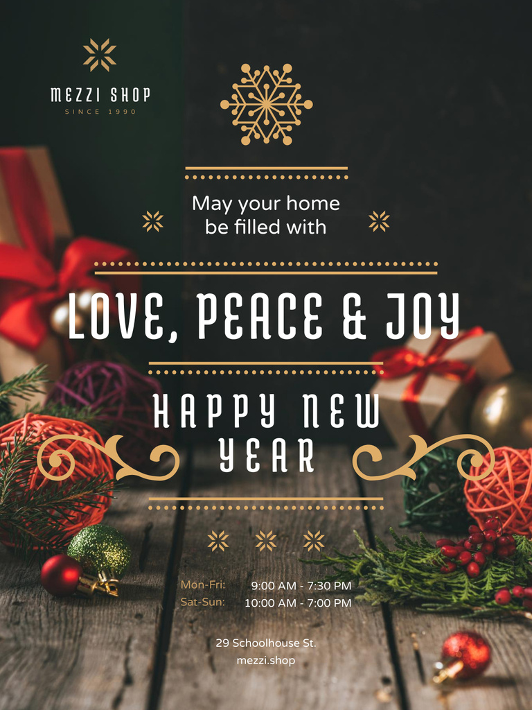 Plantilla de diseño de New Year Greeting with Decorations and Presents Poster US 