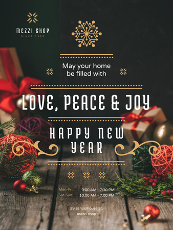 Szablon projektu powitanie nowego roku z dekoracjami i prezentami Poster US
