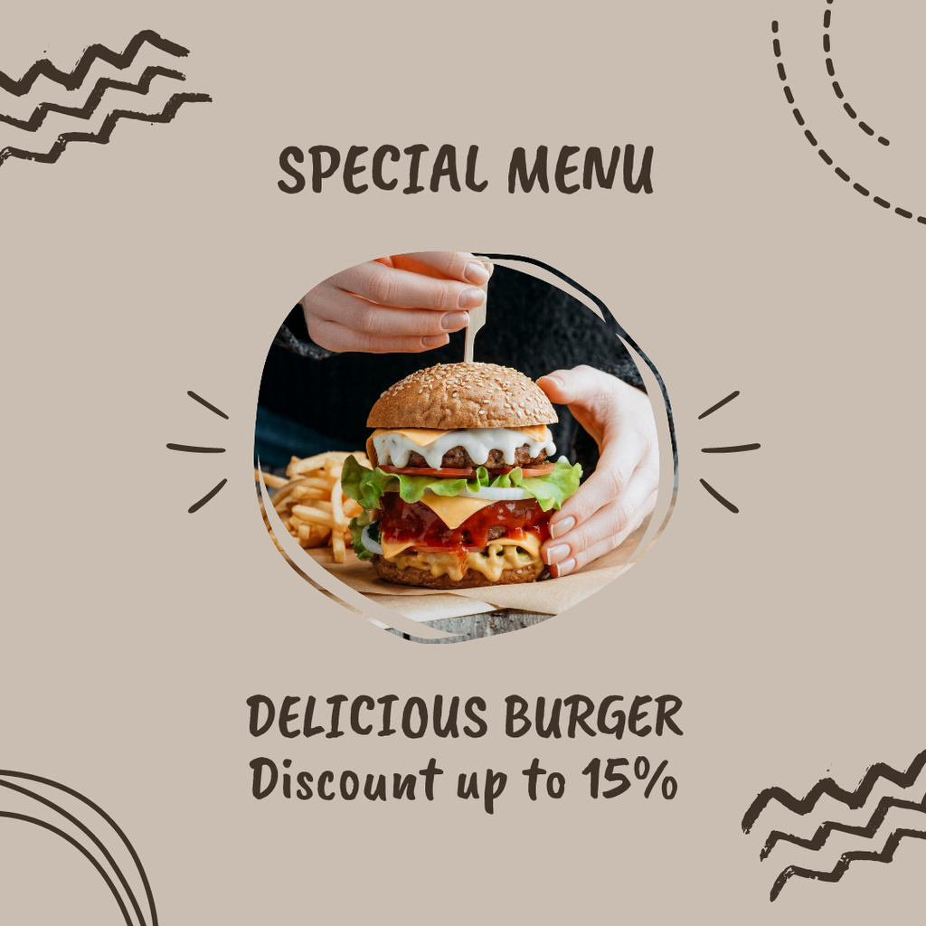 Fast Food Menu Offer with Burger Instagramデザインテンプレート