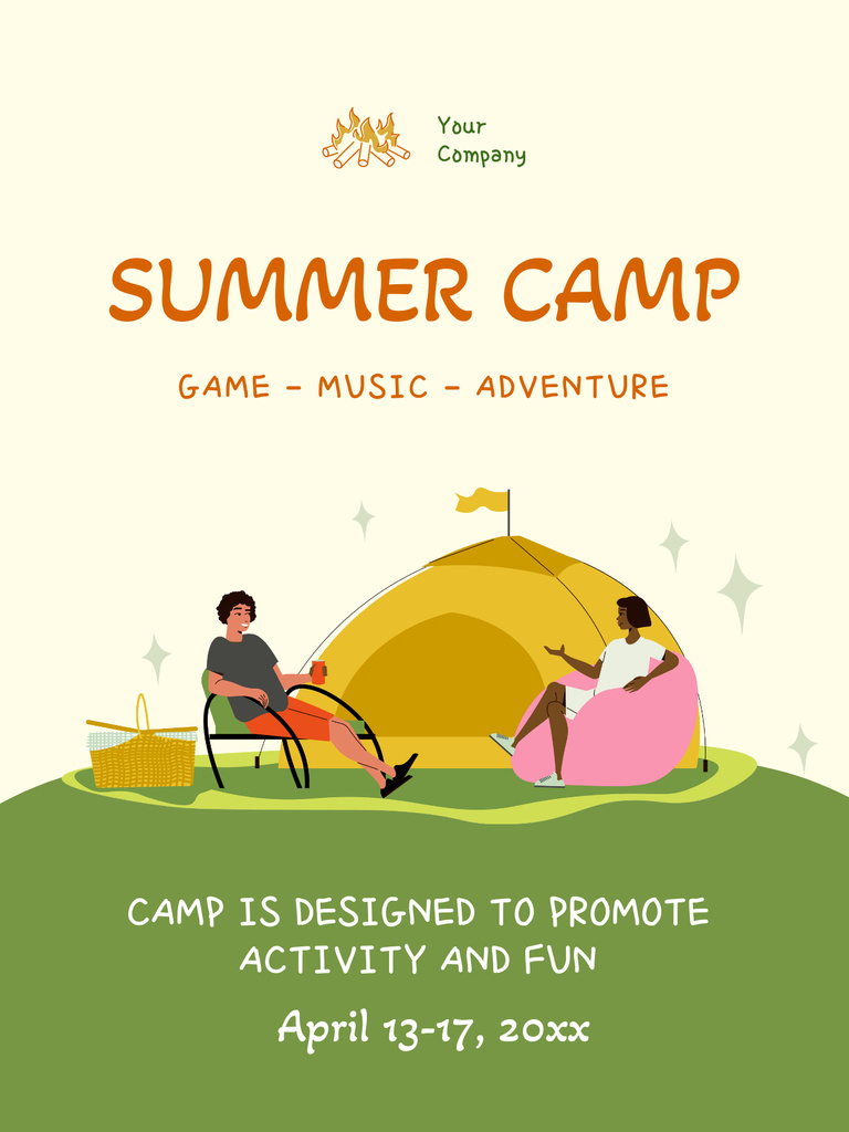 Summer Camp Ad with People near Tent Poster US – шаблон для дизайна
