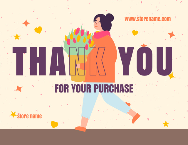 Thank You Text with Woman Walking with Bouquet of Spring Flowers Thank You Card 5.5x4in Horizontal Design Template