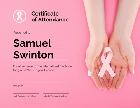 Platilla de diseño Breast Cancer Awareness program Attendance gratitude Certificate