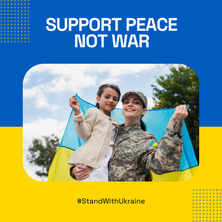 Plantilla de diseño de Apoye la paz, no la guerra, con una mujer soldado y un niño Instagram 