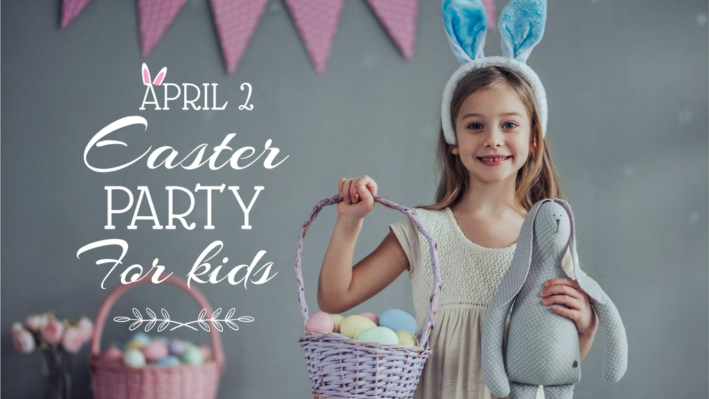 Easter Party Announcement with Girl holding Bunny FB event cover Design Template