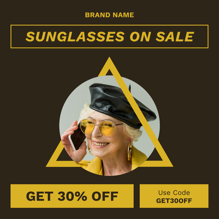 Aurinkolasit myydään tyylikkään keski-ikäisen naisen kanssa Instagram Design Template