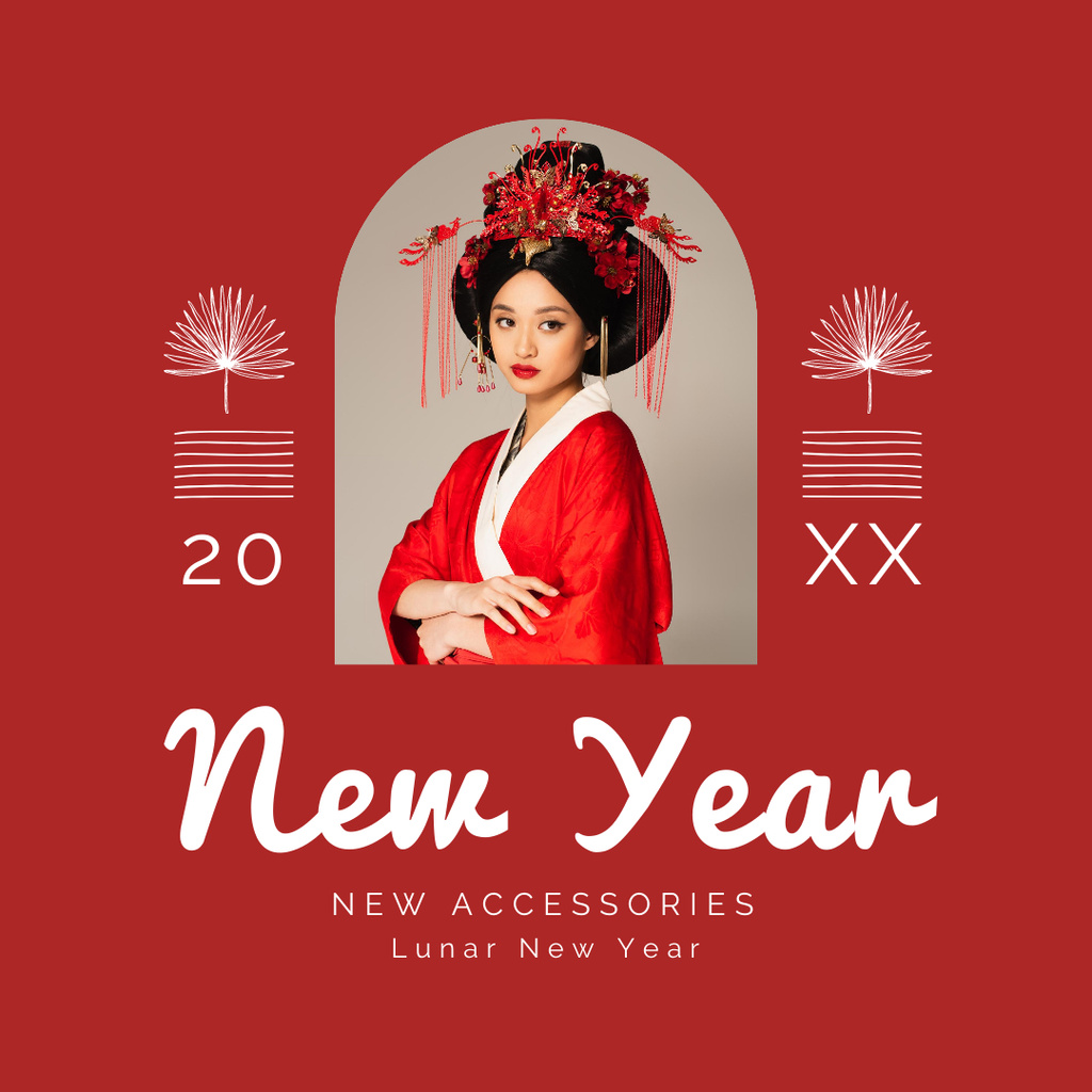 Chinese New Year Greeting Card with Beautiful Asian Woman Instagram Tasarım Şablonu