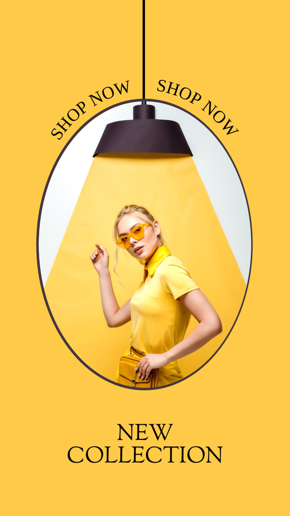 New Collection Ad with Woman in Yellow Outfit Instagram Story Šablona návrhu