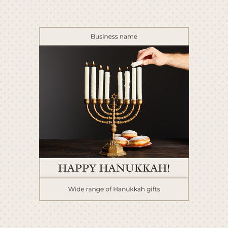 Plantilla de diseño de Alegres vacaciones de Hanukkah con menorá y sufganiyah Instagram 