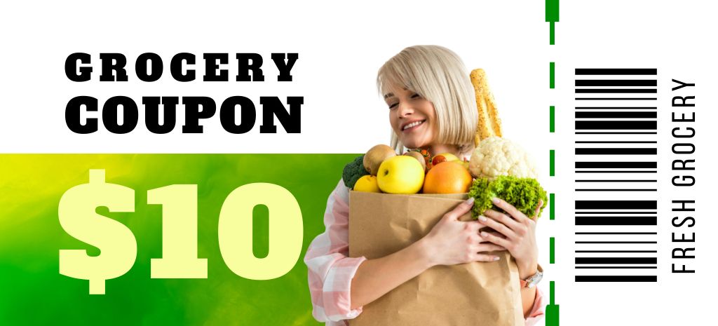 Designvorlage Grocery Store Ad with Smiling Woman Holding Paper Bag of Food für Coupon 3.75x8.25in