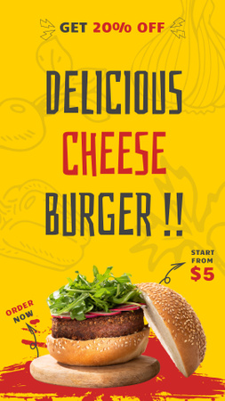 Cheese Burger Offer on Yellow Instagram Story Design Template