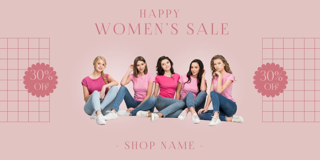 Szablon projektu Women's Day Sale with Women in Pink T-Shirts Twitter