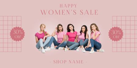 Plantilla de diseño de Rebajas del Día de la Mujer con Mujeres en Camisetas Rosas Twitter 