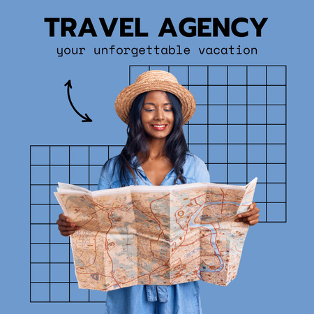 Travel Agency Ad with Woman Looking at Map Instagram Design Template