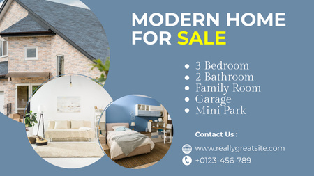Designvorlage Blaues Blog-Banner mit modernem Zuhause zum Verkauf für Title 1680x945px