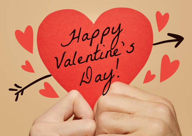 Happy Valentine's Day Greeting With Hands Holding Heart Card Design Template